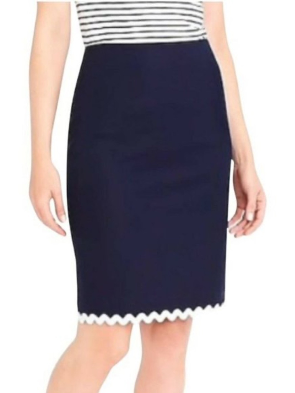 J Crew Ric Rac Trim Skirt Pencil Linen Scalloped Hem Navy Blue Skirt - size 4
